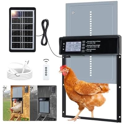 Automatic Chicken Coop Door Solar Powered, LCD Screen Electric Chicken Coop Door with Timer & Light Sensor, 4 Modes Solar Chicken Coop Door, Anti-Pinch & Door Pry Warning Coop Door with Remote Control
