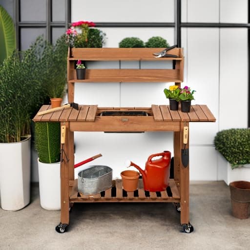 Best Choice Products Mobile Garden Potting Bench, Outdoor Wood Workstation Table w/Sliding Tabletop, 4 Locking Wheels, Food Grade Dry Sink, Storage Shelves - Brown view 2