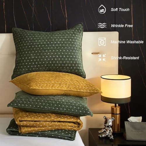 Powdion Velvet Quilt Queen Size, Oversized Bedspread Quilted Bedding Set, Luxurious Soft Coverlet Set Lightweight Velvet Comforter for All Season with Pillow Shams 90x96 Army Green Striped Queen view 4