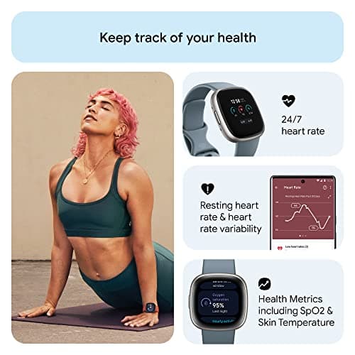 Fitbit Versa 4 Fitness Smartwatch with Daily Readiness, GPS, 24/7 Heart Rate, 40+ Exercise Modes, Sleep Tracking and more, Waterfall Blue/Platinum, One Size (S & L Bands Included) view 4