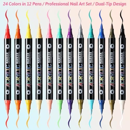 24 Colors Nail Art Markers Pens Set (12Pcs-Dual), Acrylic Nail Art Marker, 3D Dotting Liner Brush Quick-Drying Fine Tip Nail Polish Pen for DIY Home Salon, Beginners Manicure Drawing Tools view 2