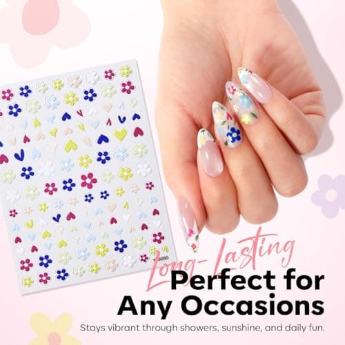 modelones Flower Nail Stickers, 3D Embossed Colorful Floral Daisy Heart Bunny Nails Supplies Flower Nail Art Design for Spring Easter Manicure DIY Nail for Women & Kids 5Pcs view 4