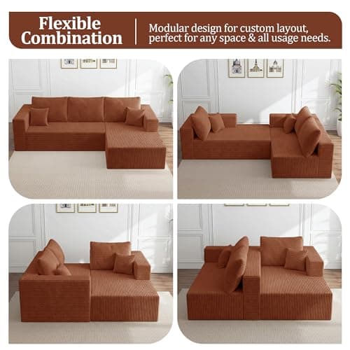 92.5" Modular Sectional Sofa, L-Shaped Cloud Couch with Deep Seats & Chaise, Convertible 4-in-1 Corduroy Boneless Couches for Living Room, Bedroom, No Need Assembly - Brown view 6
