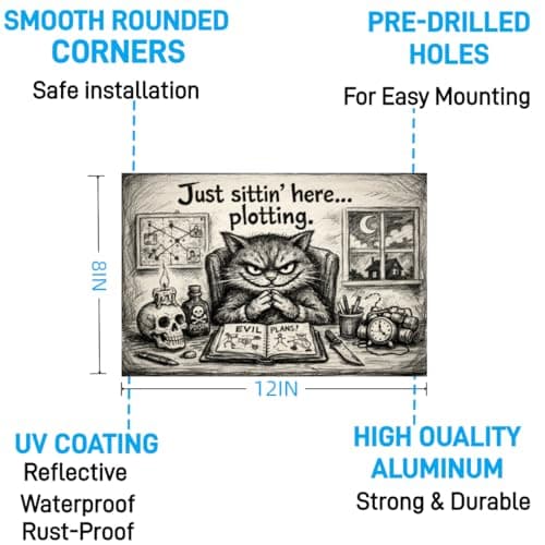 Just Sittin Here Plotting Metal Tin Sign Dark Humor Cat Artwork Funny Bathroom Wall Decor Gothic Sketch Style Plaque Restroom Home Office Gift 8x12 Inch Pre Drilled Hanging Art view 3