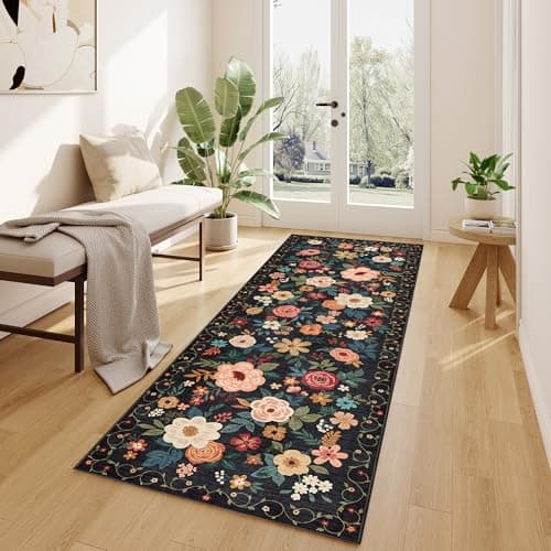 DUKINO 2x6 Runner Rug for Hallway, Washable Kitchen Runner Rug with Non Slip Backing, Low Pile Soft Boho Floral Runner for Kitchen, Hallway, Entryway, Laundry, Bedroom, Black view 3