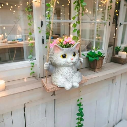 Pyoimmne Cat Hanging Planters for Indoor Outdoor Plants, Small Cute Hanging Pots for Succulent, String of Pearls Plant, Resin Hanging Flower Pots with Drainage Hole, Unique Gift, Garden Home Decor view 3