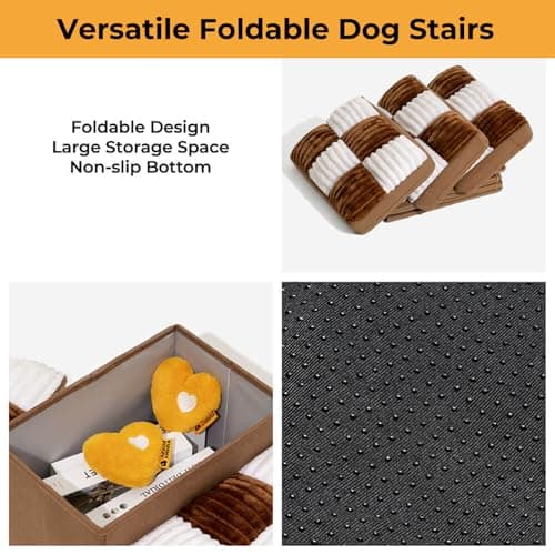 FUNNYFUZZY Dog Stairs for Small Dogs - 5 Steps Chessboard Plaid Handcrafted Dog Stairs with Storage - Multifunctional and Foldable, Brown view 3