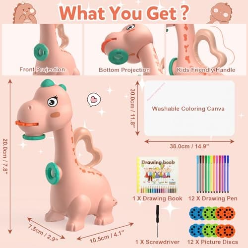 Dinosaur Drawing Projector Toys for Ages 5-7: KETIEE Tracing and Drawing Projector for Kids with Two Projector Heads, Smart Art Sketcher Projector with 96 Stencils, Toddler Toys for Girls (Pink) view 2