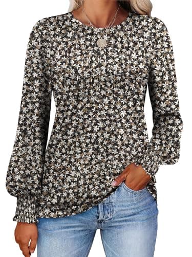 Prinbara Long Sleeve Shirts for Women 2025 Fall Tops Floral Print Pleated Dressy Casual Blouses — image 1