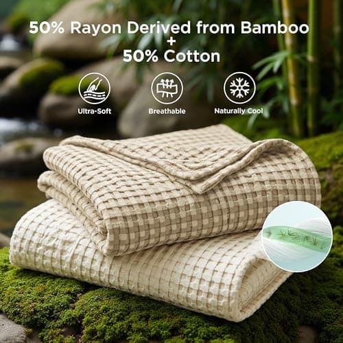 Bedsure Cooling Cotton Waffle King Size Blanket - Lightweight Breathable Summer Blanket of Rayon Derived from Bamboo for Hot Sleepers, Luxury Throws for Bed, Couch and Sofa, Light Brown, 104x90 Inches view 4