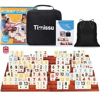 Timissu Rummy Cube 6-8 Players with 8 Wooden Racks 214 Large Number Rummy Tiles Travel Size Rummy Cube Game with Case 8 Players Travel Game Set for Fun Family Board Games