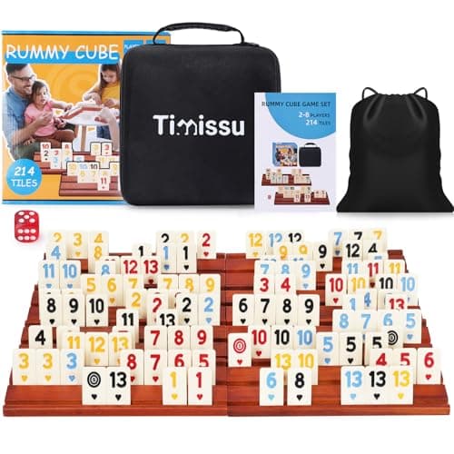 Timissu Rummy Cube 6-8 Players with 8 Wooden Racks 214 Large Number Rummy Tiles Travel Size Rummy Cube Game with Case 8 Players Travel Game Set for Fun Family Board Games — image 1