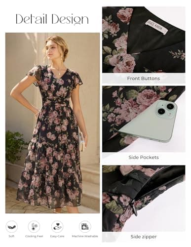 GRACE KARIN 2026 Women Summer Dress,Maxi Short Sleeve Floral Dresses,Semi Formal Flowy Wedding Guest Dress with Pocket view 4