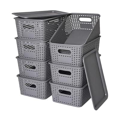 Plastic Storage Baskets with Lid-Plastic Storage Containers Stackable Storage bins: Storage Baskets for Organizing Shelves Drawers Desktop Closet Playroom Classroom Office,8 Pack-Gray10.2x7.2x4.1Inch