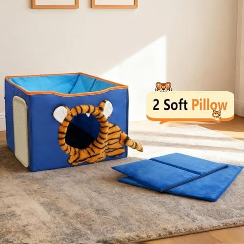 CWV Interactive Cat Toys for Indoor Cats, Kitten Toys with Scratch Pad， Cat Hideaway with Peekaboo Holes, Tiger Cat House Cave with Soft Pillow view 6