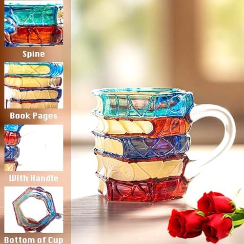 AKLOZYX Artistic Book Stack Glass Coffee Mug, 7oz Handmade Tea Cups Cool Funny, Decorative Design for Book Lovers Gifts for Women and Man (Small) view 7