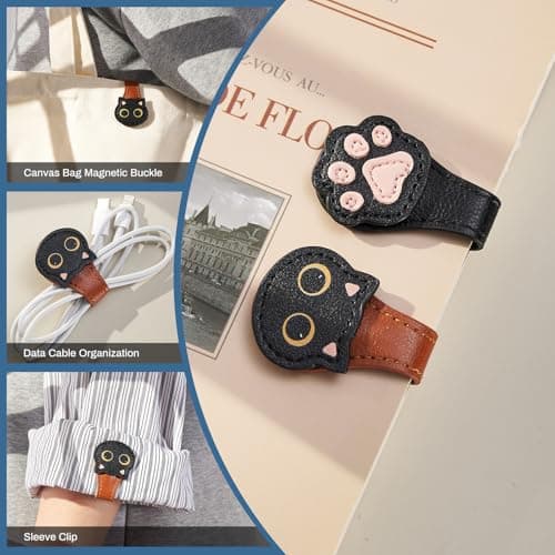 2Pcs Magnetic Leather Bookmarks with Gift Box Magnetic Pen Holder Book Marks Clip Gift for Book Lover Readers Men Women Teachers Students, Cat+Paw (Brown+Black) view 5