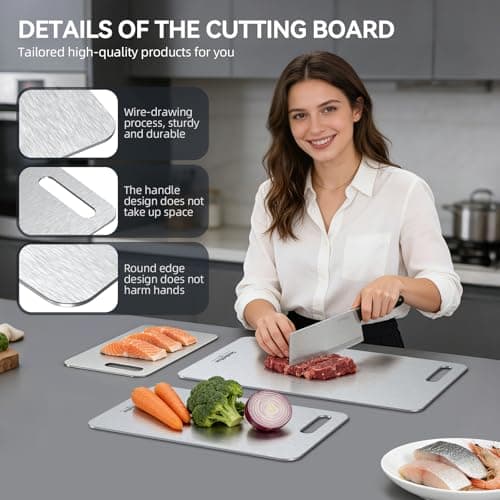 Titanium Cutting Boards Set of 3, 100% Pure Titanium Kitchen Cutting Board, Double-Sided Non-Toxic Cutting Board, Ideal for Slicing and Dicing Meats, Features Handle, Dishwasher Safe view 4