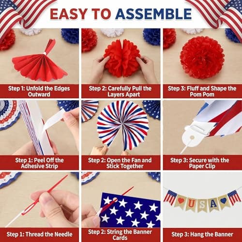 4th of July Decorations - 26 PCS Patriotic USA Banner Star Streamer Paper Fans Hanging Swirls Pompoms Set for Memorial Day | 250th Anniversary Accessories Party Favors for Indoor Outdoor Home view 5
