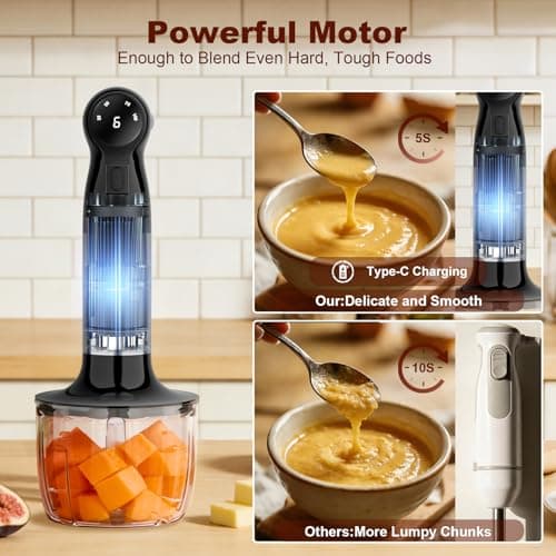 Cordless Immersion Blender Hand Blenders Set,Variable Speed 4 in 1 Stick Emulsifier with Chopper and Whisk for Soup, Baby Food and Smoothies,Black view 3
