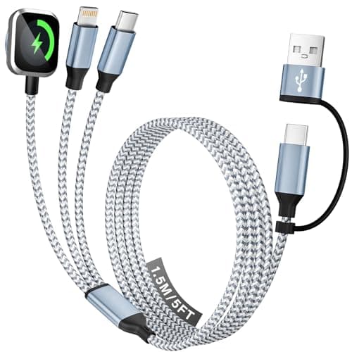Travel Essentials 3 in 2 Charging Cable for Phone Watch Charger, USB A/USB C Multi Charging Cable/Cord for All Devices Compatible for iWatch Ultra/SE/11-2, iPhone17 15 14, Android, More - 5FT