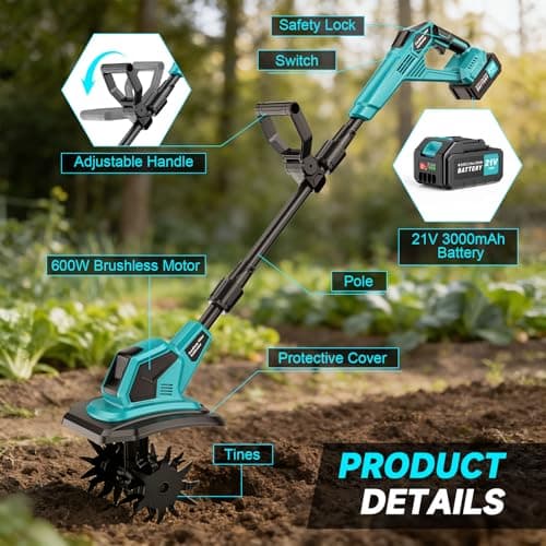 21V Cordless Tiller Cultivator, 360RPM Electric Garden Rototiller with 6000mAh Battery, 9In Tilling Width 6.6In Depth, Battery Powered Soil Cultivator for Garden Lawn Yard Planting view 2