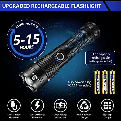 Esgofo Flashlights High Lumens 100000 Rechargeable, Super Bright Handheld LED Flash Light, Powerful Emergency Linternas, Waterproof, Long Lasting, for Hiking Camping Gift view 4