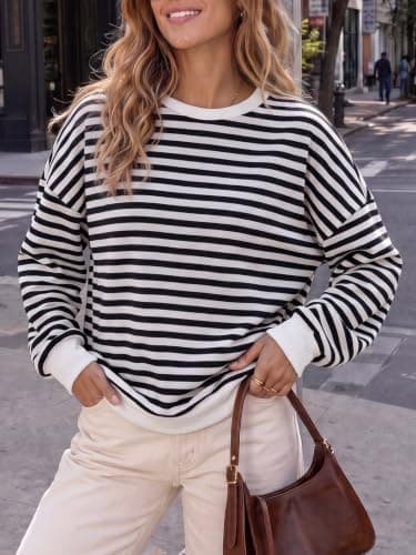 Fisoew Womens Oversized Striped Sweatshirts Casual Open Back Pullover Tops view 4