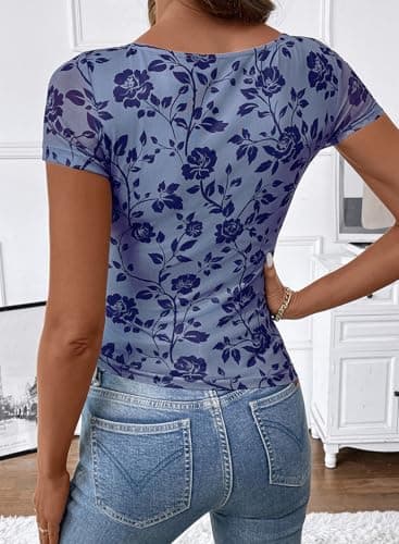 SHEWIN Shirts for Women Crew Neck Floral Short Sleeve Blouses Floral Mesh Top Summer Tops for Women 2026 view 4