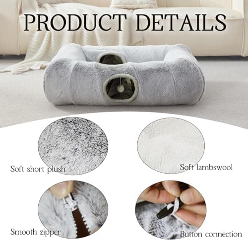 Cat Tunnel Bed for Indoor Cats, Large Cat Tube & Dog Tunnel Bed with Washable Cushion, Square Luxury Velvet Peekaboo Cat Cave & Cat Donut for Kitten/Puppies/Rabbits, Grey XL 39"x30"x11" view 5