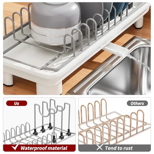 SanDream Small Dish Drying Rack with Removable Utensil Holder & Anti-Scratch Base - Stainless Steel Dish Rack, Dish Drying Rack with Drainage & Space Saving Design for Kitchen Counter, White view 5