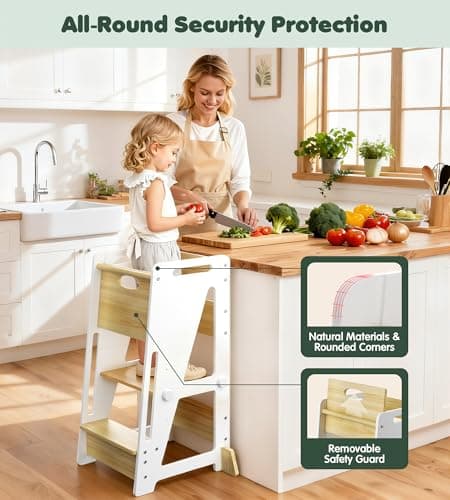 OPAUL Toddler Standing Stool - 3-Level Adjustable Kitchen Step Stool for Kids, Sturdy Wooden Kitchen Stool with Non-Skid Feet (Ages 18 Months-6 Years), White view 5