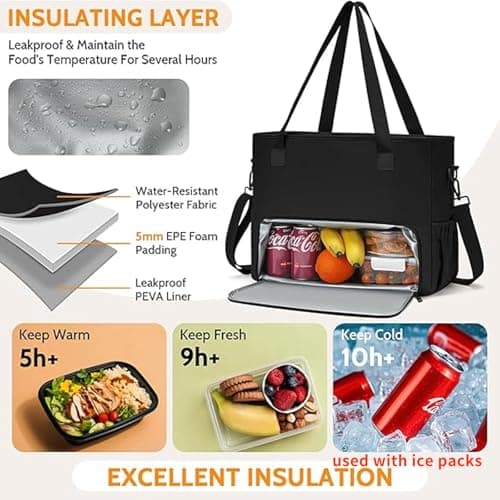 Lunch Tote Bag for Women with 15.6" Laptop Compartment, Work Tote Bag with Insulated Lunch Compartment, Large Casual Polyester Handbag Lunch Bags for Nurse, Teacher, Office, Travel, Beach, Jet Black view 5