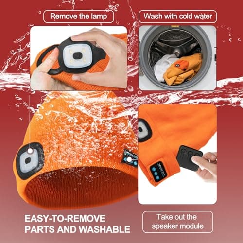 SYMNTEM Gifts for Men, Rechargeable Bluetooth Music Unisex Beanie Hat with Light, Valentines Day Gifts for Him, Birthday Gifts for Men, Women, Orange view 4