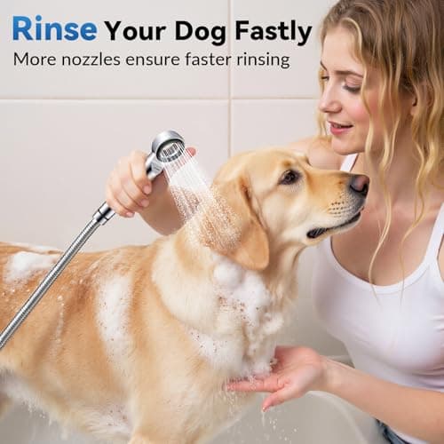 Dog Shower Attachment, 3 Mode Handheld Sprayer with ON/OFF Switch, G1/2" 3-Way metal Diverter, 100 Inches Stainless Steel Hose, No Drill Holder, for Pet and Dog Washing in Bathroom view 2