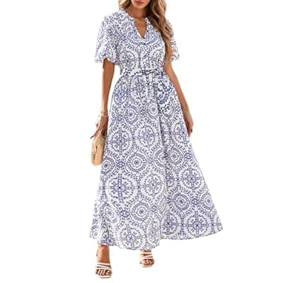 KIRUNDO Women Spring Summer Wedding Guest Boho Floral Maxi Dress Puff Sleeve Button Shirt V Neck Flowy Beach Vacation Dress