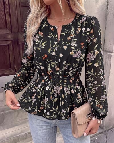 BTFBM Womens Tops Dressy Casual Floral V Neck Long Sleeve Chiffon Shirts view 4