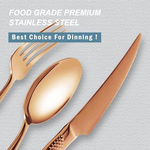 Runfly 20 Piece Hammered Rose Gold/Copper Silverware Set, 18/10 Stainless Steel Flatware Set, Modern Kitchen Utensil Set Service for 4, Tableware Set, Cutlery Set Including Fork Spoon and Knife view 2