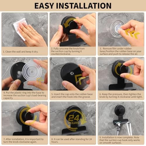Fenas Suction Cup Razor and Shaver Holder for Shower Wall, Stainless Steel Reusable Suction Hook for Towel and Loofah, Damage-Free Installation (2, Matte Black) view 6