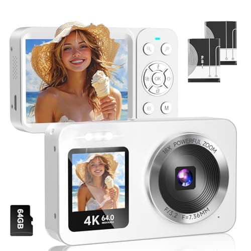 WABL Digital Camera, 4K 64MP UHD Dual Screens Camera, 18X Zoom, Portable Small Point and Shoot Digital Cameras with 64GB TF Card, 2 Rechargeable Batteries for Kids, Teens, Adult, Selfies, Gifts- White