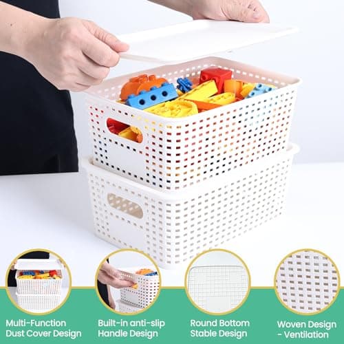 Plastic Storage Baskets with Lid-Plastic Storage Containers Stackable Storage bins: Storage Baskets for Organizing Shelves Drawers Desktop Closet Playroom Classroom Office,8 Pack-White10.2x7.2x4.1Inch view 4