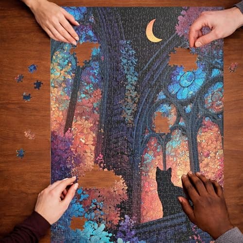 Teemosreal Puzzles for Adults 1000 Pieces, Stained Glass Cat Fantasy Night Moon Scene, Challenging Puzzle Game with Poster, Matte Finish, Interlock Perfectly Frameable Wall Decor Gift view 6