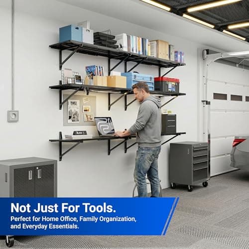 FLEXIMOUNTS 2-Pack 1x3ft Garage Shelving 14-inch-by-34-inch Perforated Wall Shelf, Heavy Duty Garage Storage Rack with 700 lbs Load Capacity, Wall Mounted Organization System for Tools, Heavy Bins view 5