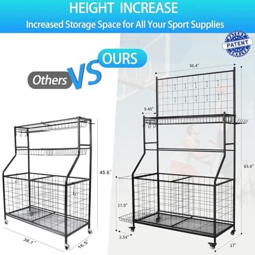 Sports Equipment Organizer,Garage Ball Storage Rack with Basketball Rack with Hooks and Rolling Wheels Cart-Black view 2