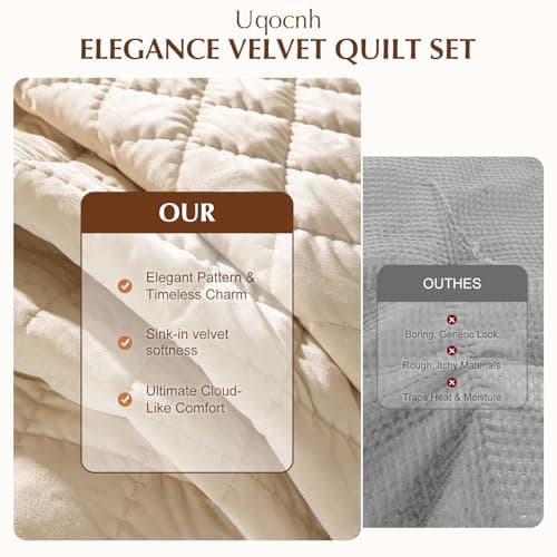Uqocnh Luxury Velvet Quilt Set King Size 3 Piece, Soft Channel Stitch Velvet Comforter Set with 2 Pillow Shams, Lightweight Coverlet Bedspread Bedding Set for All Seasons, Beige view 5