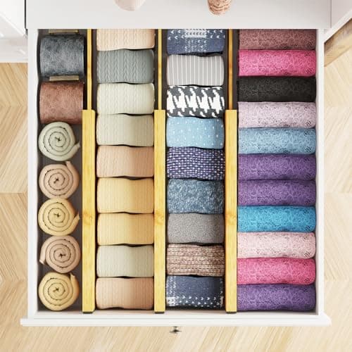 SpaceAid Bamboo Dresser Drawer Dividers 6 Pack, 4.65“ High Adjustable 12.5“-17” Drawer Organizers, Expandable Organization for Clothing, Clothes, Dressers, Natural view 6