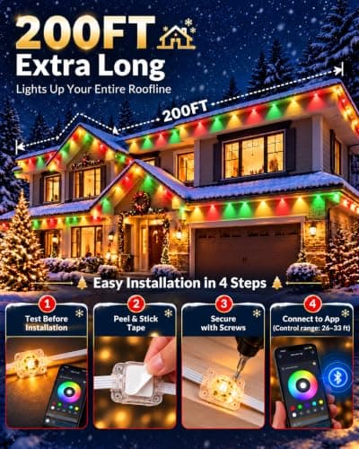 200FT Permanent Outdoor Lights for House, Christmas Lights RGBIC LED String | 96‑LED IP67 Waterproof Eaves Lights, Controlled by App & Remote, 267 Scene Modes for Halloween, Parties & Daily Home Decor view 3