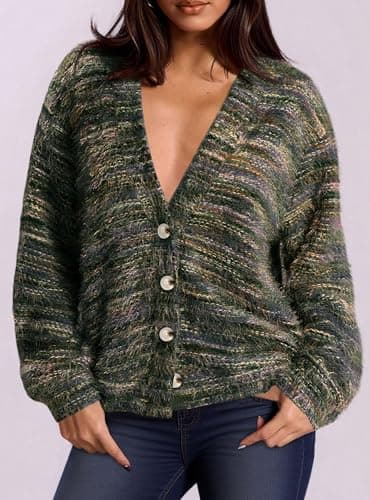 PRETTYGARDEN Womens Cardigan Sweaters Fall Fashion 2026 Striped Long Sleeve Button V Neck Knit Fuzzy Outerwear Winter Clothes view 2