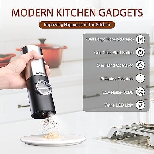CAISIMIKI Electric Salt or Pepper Grinder Battery Operated, Automatic Salt and Pepper Mill Grinder Shakers with LED Light, Adjustable Coarseness, Include Brush and Spoon, Stainless Steel 1 PACK view 4