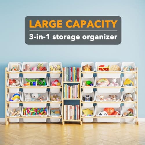 SpaceAid Large Toy Storage Organizer with 24 Bins and 3 Shelves, Toy Organizers Storage Bookshelf, Kids Bin Shelf Box Bookcase for Bedroom Playroom Organization Room Decor, White view 3
